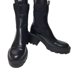 Women's ZARA Black Leather US 7.5 Chunky Platform Heeled Knit Cuff Ankle Boots
